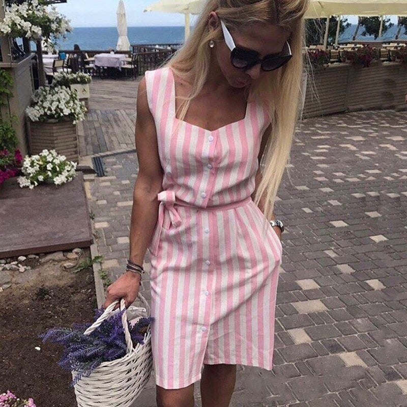 2020 New Women Elegant Stripe Shirt dress Square collar sleeveless belt dresses Pink Stripe Beach Party Dress Vestidos