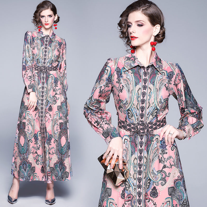 Autumn Winter Fashion Runway Maxi Dress Women's Long Sleeve Single-Breasted Vintage Printed Elegant Pink Long Dress With Belt
