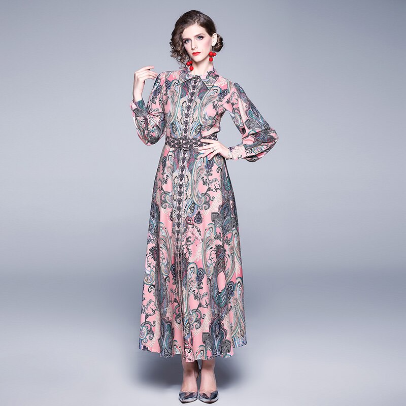 Autumn Winter Fashion Runway Maxi Dress Women's Long Sleeve Single-Breasted Vintage Printed Elegant Pink Long Dress With Belt