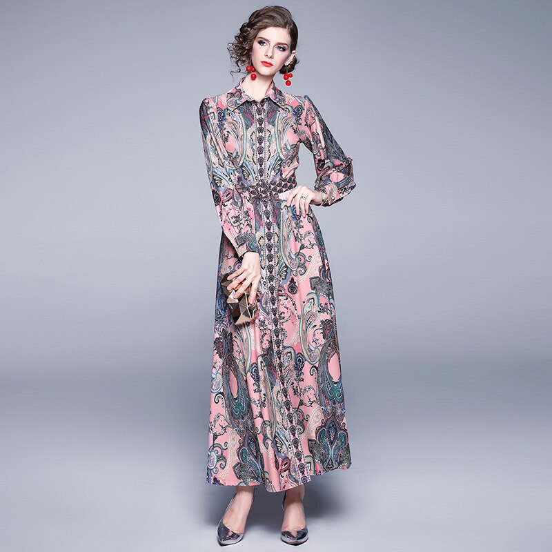 Autumn Winter Fashion Runway Maxi Dress Women's Long Sleeve Single-Breasted Vintage Printed Elegant Pink Long Dress With Belt