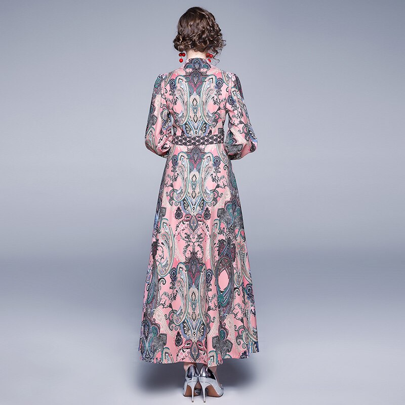 Autumn Winter Fashion Runway Maxi Dress Women's Long Sleeve Single-Breasted Vintage Printed Elegant Pink Long Dress With Belt