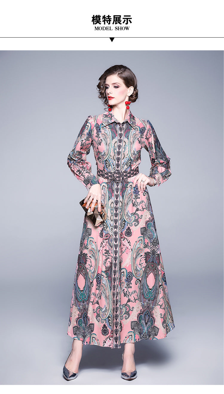 Autumn Winter Fashion Runway Maxi Dress Women's Long Sleeve Single-Breasted Vintage Printed Elegant Pink Long Dress With Belt