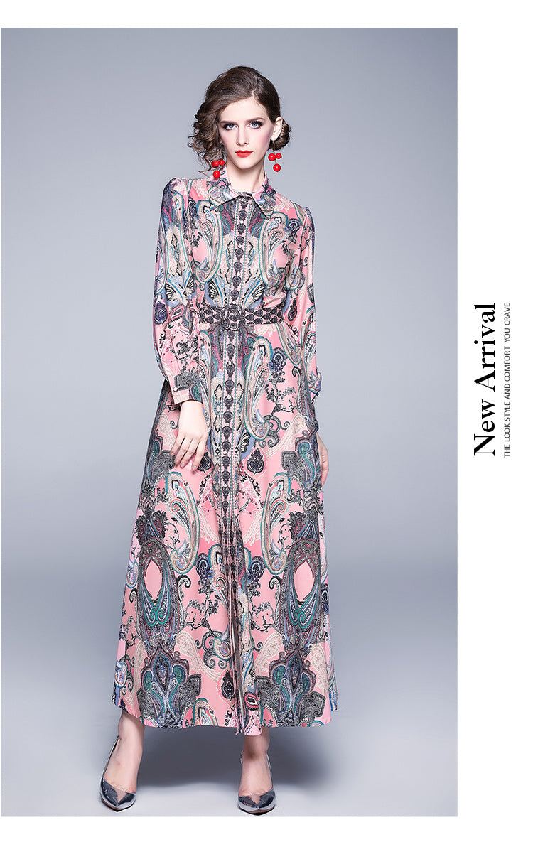 Autumn Winter Fashion Runway Maxi Dress Women's Long Sleeve Single-Breasted Vintage Printed Elegant Pink Long Dress With Belt