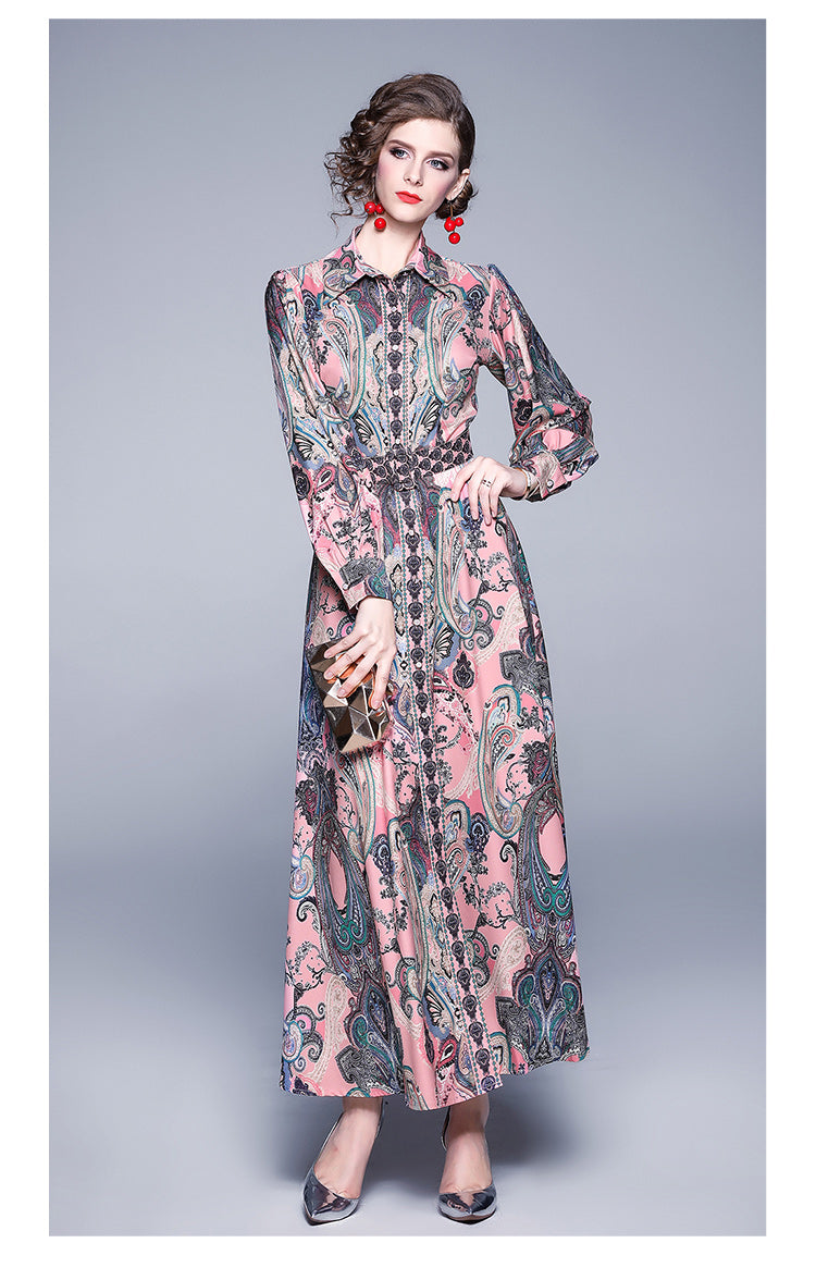 Autumn Winter Fashion Runway Maxi Dress Women's Long Sleeve Single-Breasted Vintage Printed Elegant Pink Long Dress With Belt
