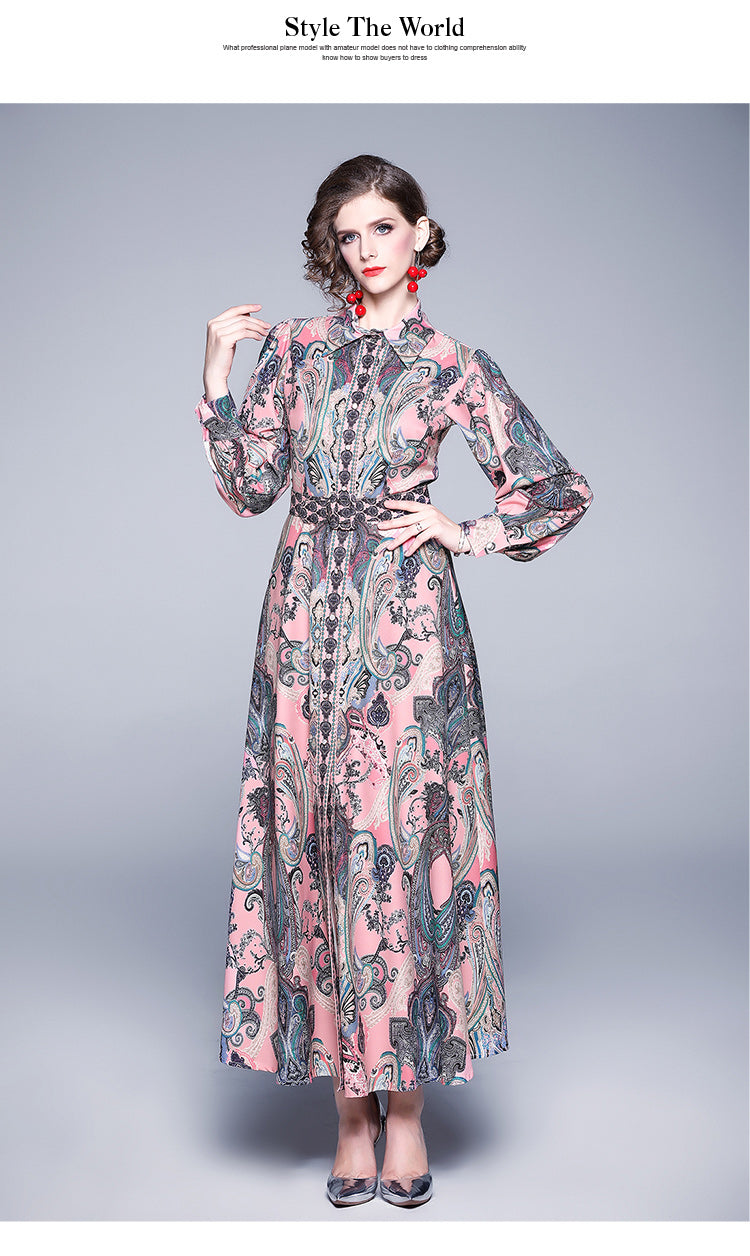 Autumn Winter Fashion Runway Maxi Dress Women's Long Sleeve Single-Breasted Vintage Printed Elegant Pink Long Dress With Belt