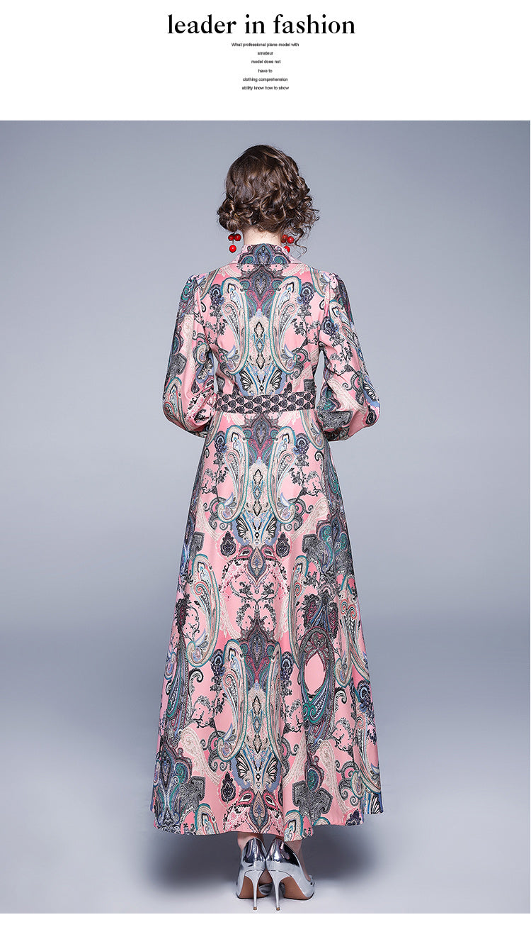 Autumn Winter Fashion Runway Maxi Dress Women's Long Sleeve Single-Breasted Vintage Printed Elegant Pink Long Dress With Belt