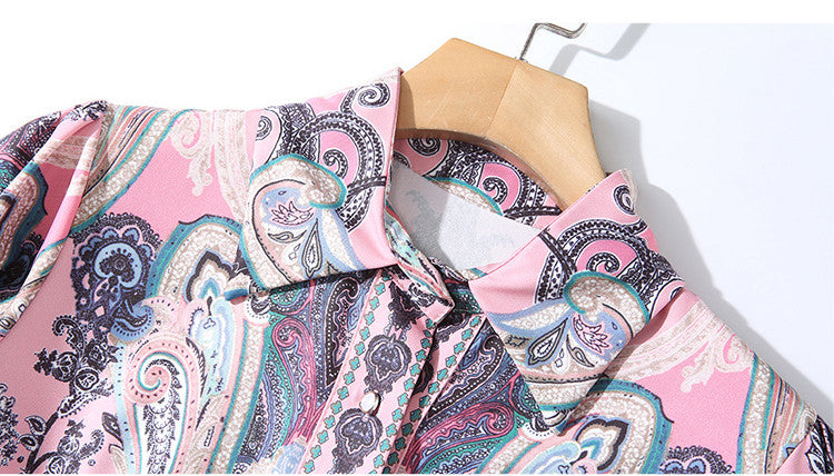 Autumn Winter Fashion Runway Maxi Dress Women's Long Sleeve Single-Breasted Vintage Printed Elegant Pink Long Dress With Belt