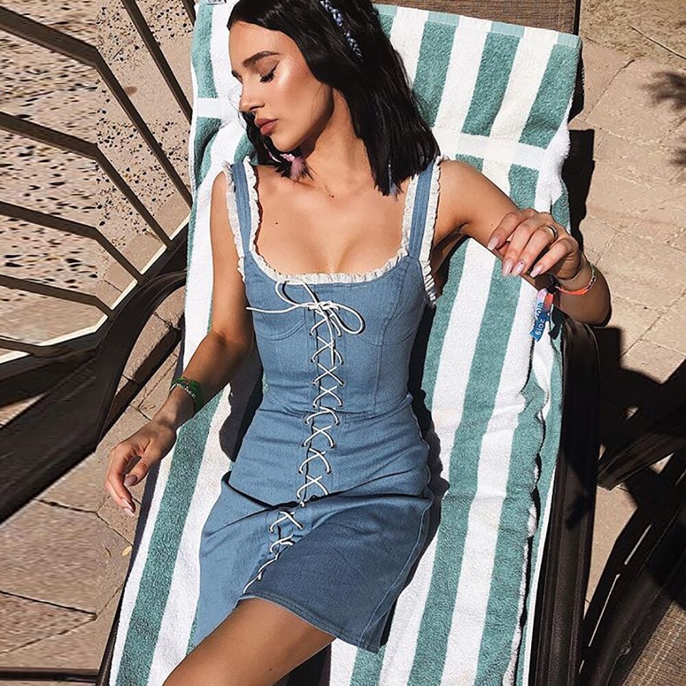 Fashion Woman Denim Harness Dress 2019 Summer New Bandage Ruffle Dress Feamle Sky Blue Vacation Casual High Waist Slim Dress