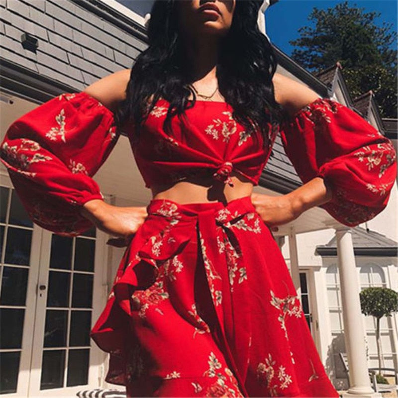 2018 New Hot Summer 2 Two Piece Set Women Sexy Off Shoulder Ruffles Tops Skirts Set Floral Print Female Casual Holiday Outfits