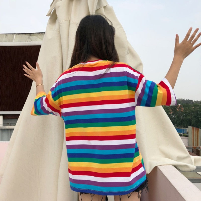 New T Shirt Women Rainbow Striped Tops Harajuku Tshirt 2018 Summer Short Sleeve Korean Punk T-shirt camiseta feminina T8