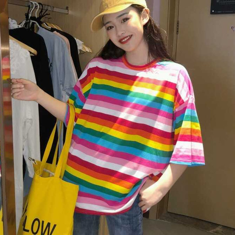 New T Shirt Women Rainbow Striped Tops Harajuku Tshirt 2018 Summer Short Sleeve Korean Punk T-shirt camiseta feminina T8