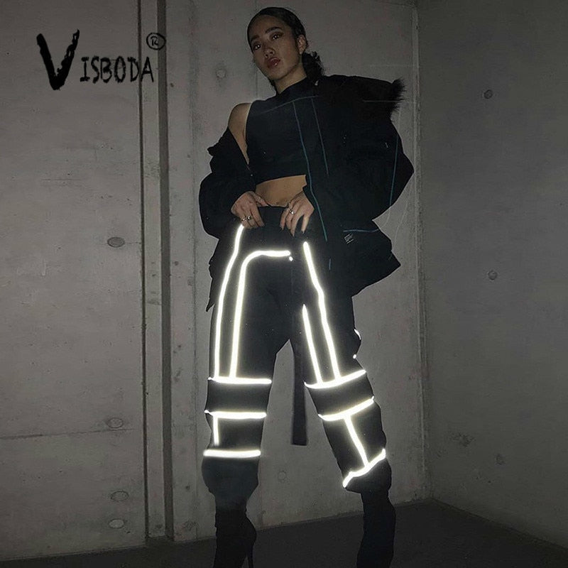 Women 2 Piece Tracksuit Reflective Cropped Top Loose Pants Sets Fashion Female Shine Black Tank Top And Trouser Chandal Mujer