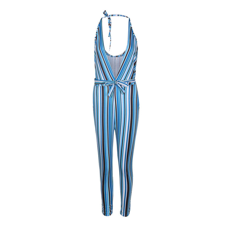 Women Striped Jumpsuits Sexy Halter Sleeveless Backless Deep V Bandage Jumpsuits Pockets Decor Ladies Summer Pencil Jumpsuits