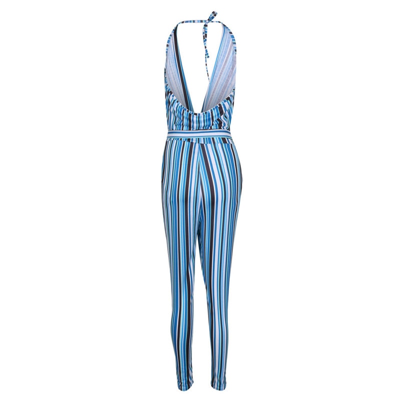 Women Striped Jumpsuits Sexy Halter Sleeveless Backless Deep V Bandage Jumpsuits Pockets Decor Ladies Summer Pencil Jumpsuits