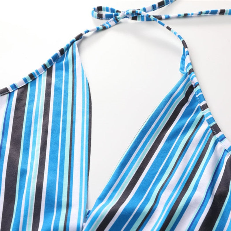 Women Striped Jumpsuits Sexy Halter Sleeveless Backless Deep V Bandage Jumpsuits Pockets Decor Ladies Summer Pencil Jumpsuits