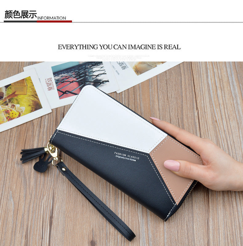 Geometric Women Wallets with Zipper Pink Phone Pocket Purse Card Holder Patchwork Women Long Wallet Lady Tassel Short Coin Purse