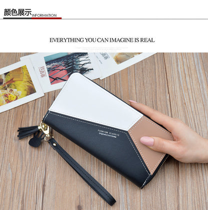 Geometric Women Wallets with Zipper Pink Phone Pocket Purse Card Holder Patchwork Women Long Wallet Lady Tassel Short Coin Purse