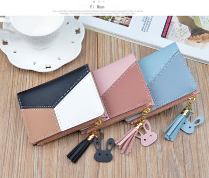 Geometric Women Wallets with Zipper Pink Phone Pocket Purse Card Holder Patchwork Women Long Wallet Lady Tassel Short Coin Purse