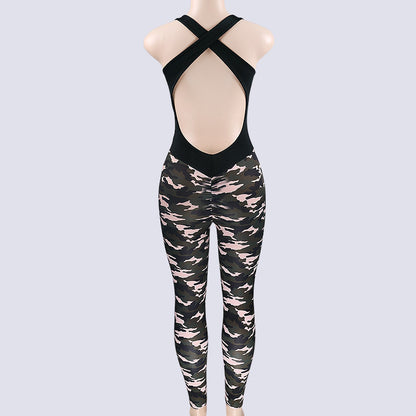 2018 Women Sexy Jumpsuit Army Camo Printed Long Rompers X Backless Sleeveless One Piece Jumpsuit Workout Camouflage Catsuit