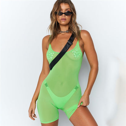 Hugcitar Spaghetti straps mesh see-through backless sexy playsuit 2019 summer women fashion neon green pink solid club body