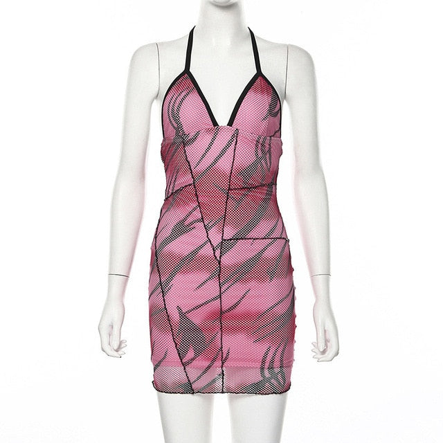 Hugcitar 2019 halter print sexy sleeveless mini dress autumn winter women V-neck bodycon outfits club streetwear