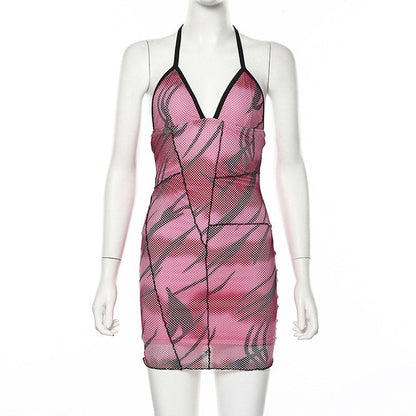 Hugcitar 2019 halter print sexy sleeveless mini dress autumn winter women V-neck bodycon outfits club streetwear