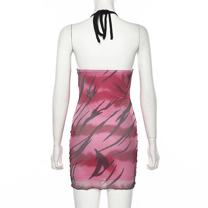 Hugcitar 2019 halter print sexy sleeveless mini dress autumn winter women V-neck bodycon outfits club streetwear