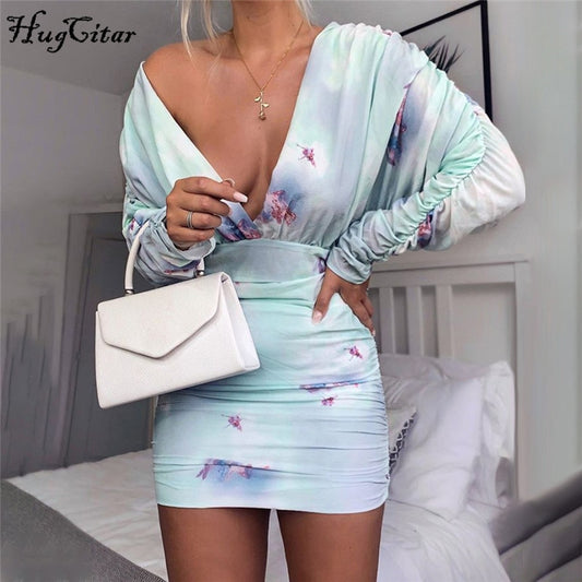 Hugcitar 2019 long sleeve V-neck print pleated sexy mini dress autumn winter women party streetwear outfits
