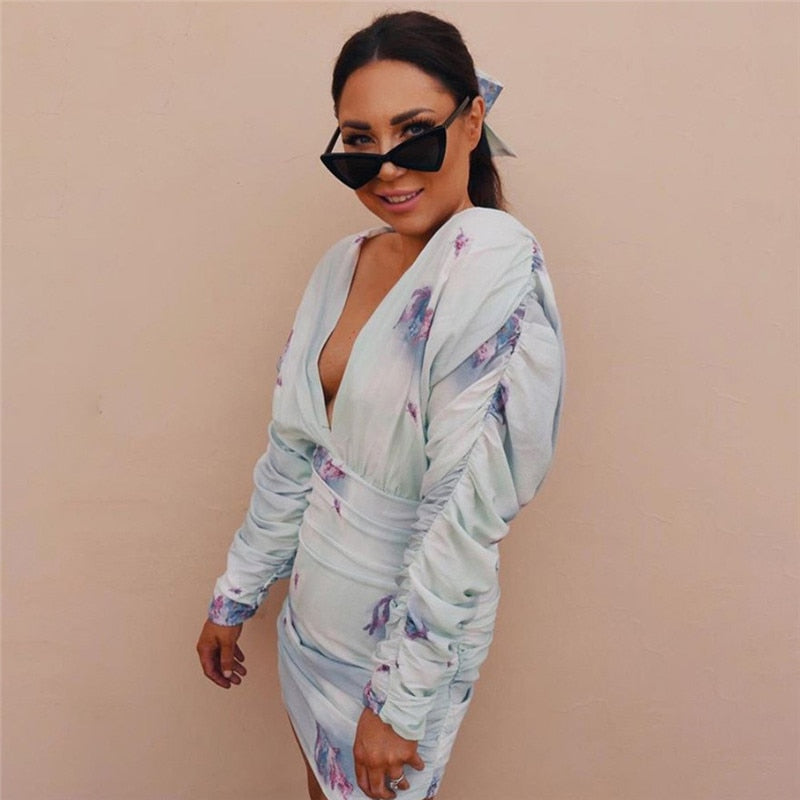 Hugcitar 2019 long sleeve V-neck print pleated sexy mini dress autumn winter women party streetwear outfits