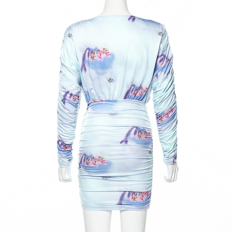 Hugcitar 2019 long sleeve V-neck print pleated sexy mini dress autumn winter women party streetwear outfits