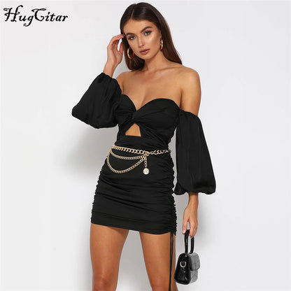 Hugcitar 2019 long puff sleeve satin slash neck sexy pink mini dress autumn winter women party elegant hollowout pleated outfits