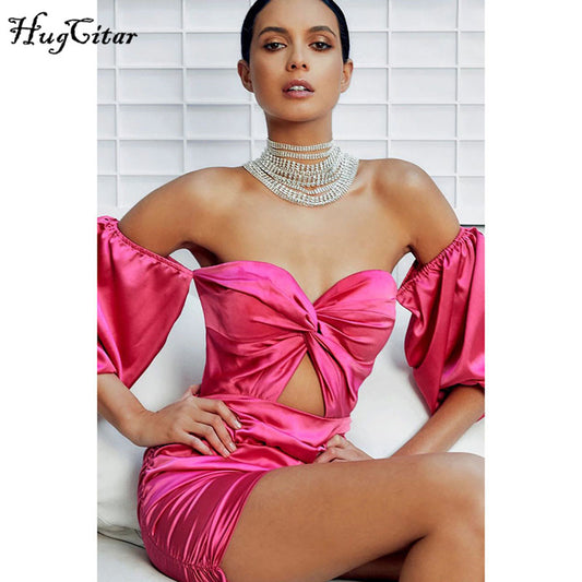 Hugcitar 2019 long puff sleeve satin slash neck sexy pink mini dress autumn winter women party elegant hollowout pleated outfits