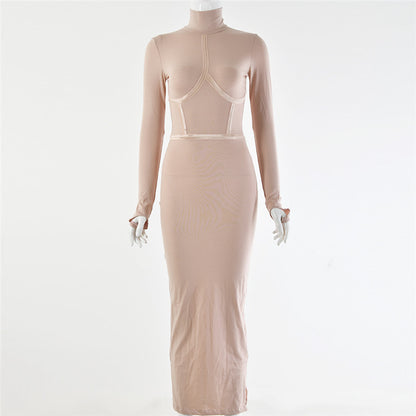 Hugcitar 2019 cotton long sleeve high neck long dress autumn winter women party elegant slim outfits streetwear