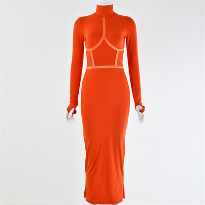 Hugcitar 2019 cotton long sleeve high neck long dress autumn winter women party elegant slim outfits streetwear