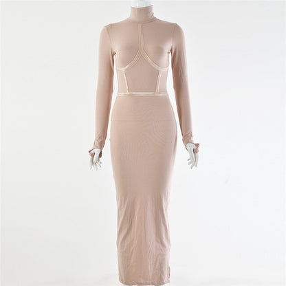 Hugcitar 2019 cotton long sleeve high neck long dress autumn winter women party elegant slim outfits streetwear