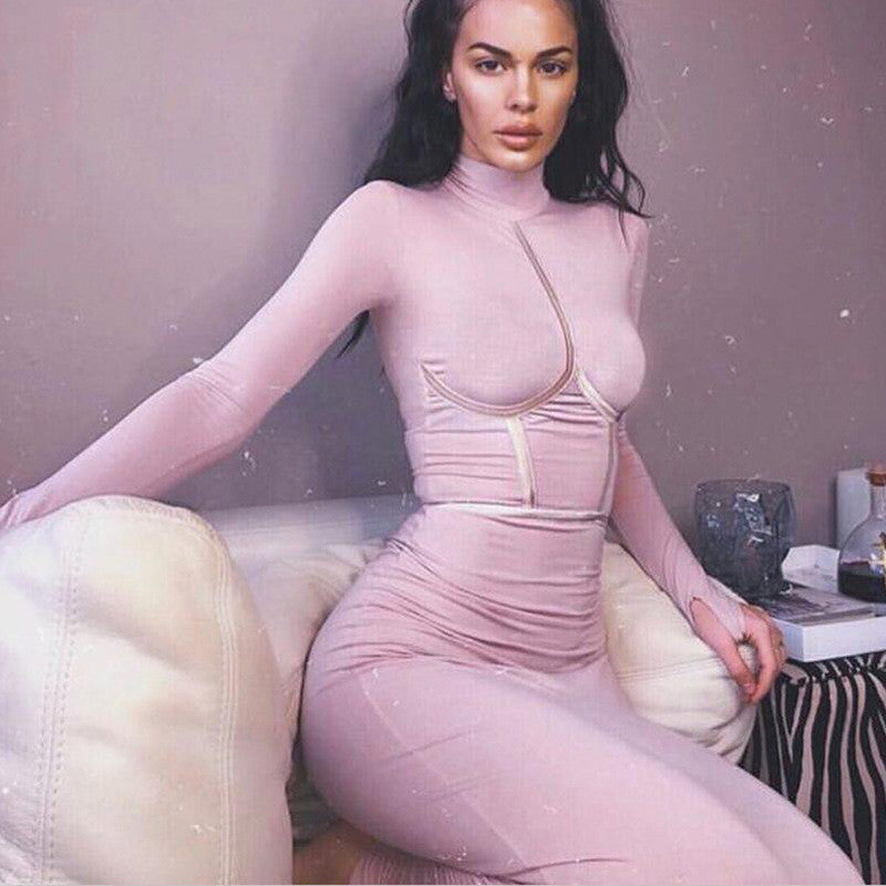 Hugcitar 2019 cotton long sleeve high neck long dress autumn winter women party elegant slim outfits streetwear