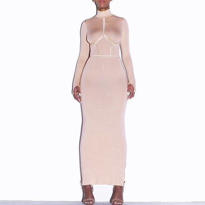 Hugcitar 2019 cotton long sleeve high neck long dress autumn winter women party elegant slim outfits streetwear