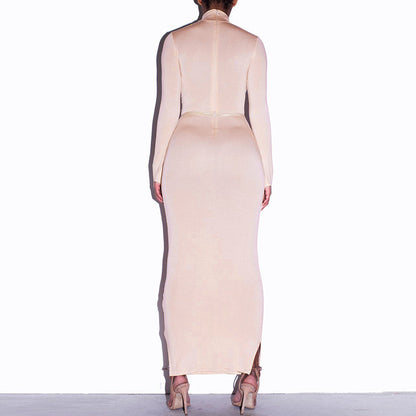 Hugcitar 2019 cotton long sleeve high neck long dress autumn winter women party elegant slim outfits streetwear
