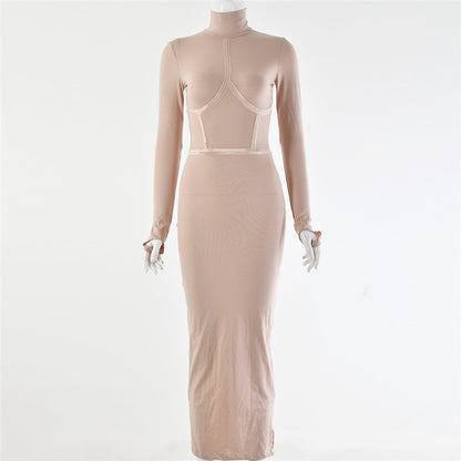 Hugcitar 2019 cotton long sleeve high neck long dress autumn winter women party elegant slim outfits streetwear