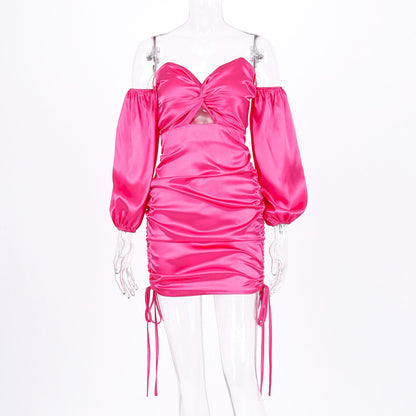 Hugcitar 2019 long puff sleeve satin slash neck sexy pink mini dress autumn winter women party elegant hollowout pleated outfits