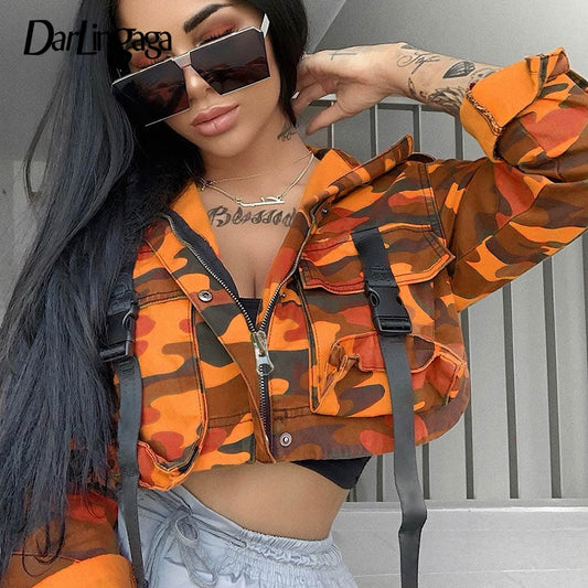 Darlingaga Streetwear Orange Camouflage Cargo Bomber Jacket Coat Pockets Buckle Fashion Autumn Jacket Women Cropped Outwear Camo
