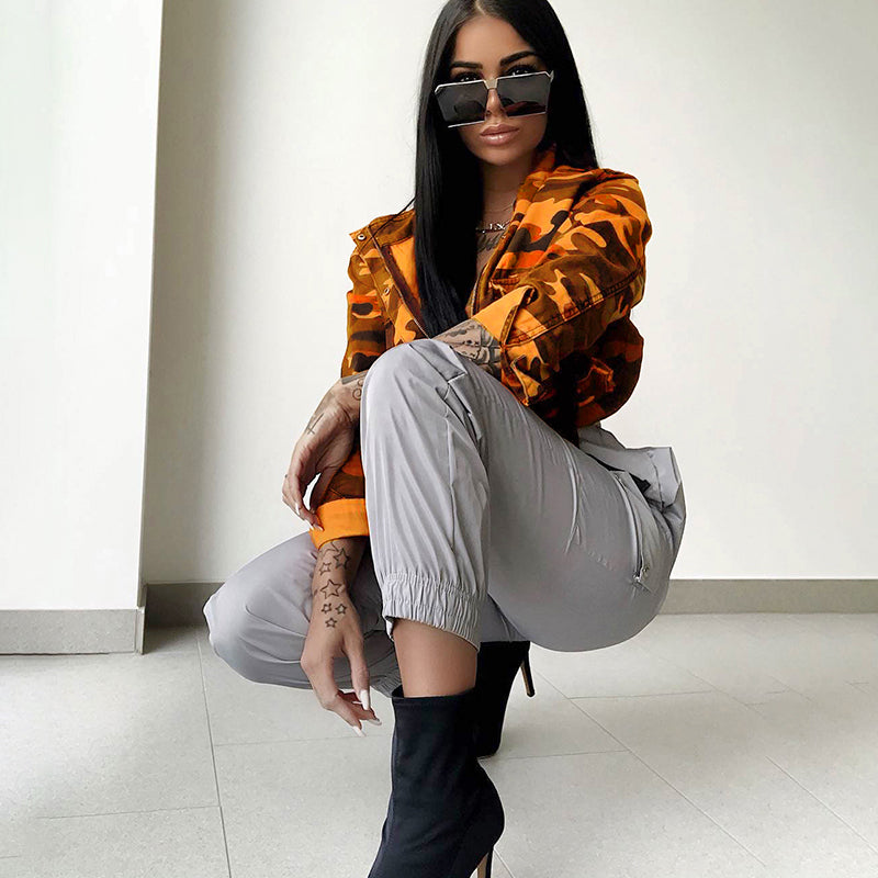 Darlingaga Streetwear Orange Camouflage Cargo Bomber Jacket Coat Pockets Buckle Fashion Autumn Jacket Women Cropped Outwear Camo