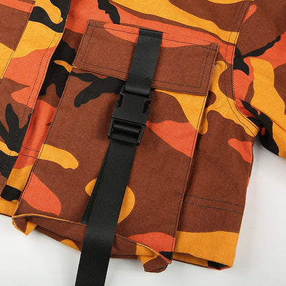Darlingaga Streetwear Orange Camouflage Cargo Bomber Jacket Coat Pockets Buckle Fashion Autumn Jacket Women Cropped Outwear Camo
