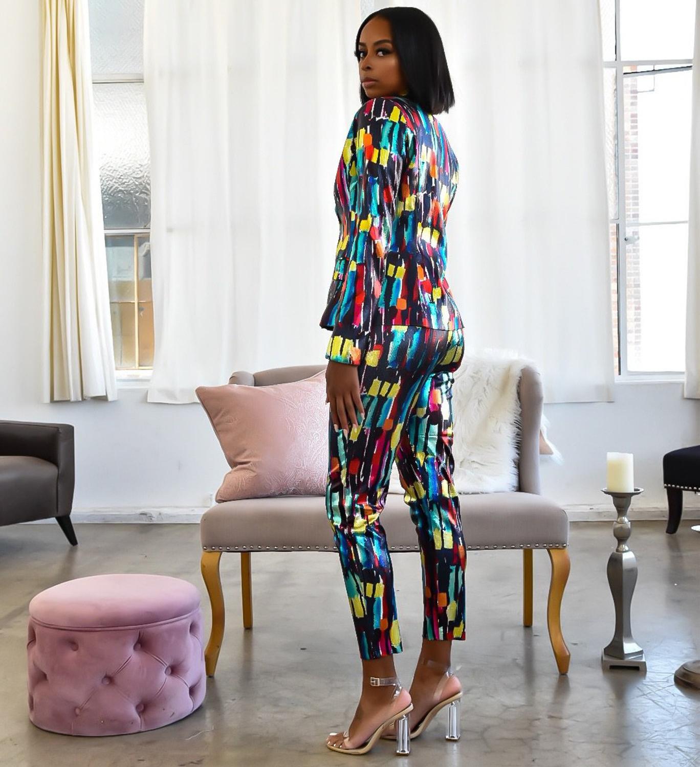 Echoine Colorful Print Women Pant Suits Blazer Jacket & Pencil Pant 2 Piece Set OL Work Office  business suits combinaison femme