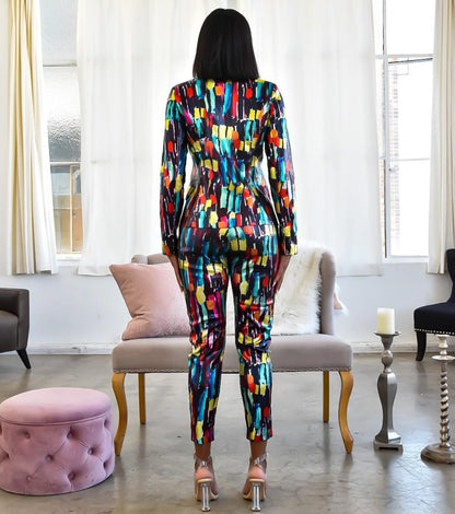 Echoine Colorful Print Women Pant Suits Blazer Jacket & Pencil Pant 2 Piece Set OL Work Office  business suits combinaison femme