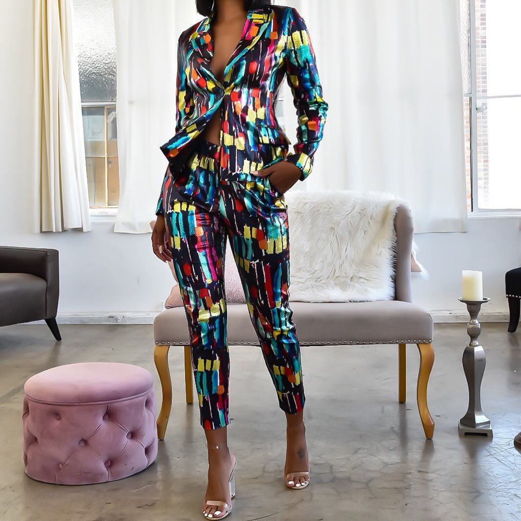 Echoine Colorful Print Women Pant Suits Blazer Jacket & Pencil Pant 2 Piece Set OL Work Office  business suits combinaison femme