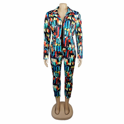 Echoine Colorful Print Women Pant Suits Blazer Jacket & Pencil Pant 2 Piece Set OL Work Office  business suits combinaison femme