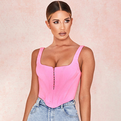 Tank Top Women Summer 2019 Fashion Hidden Breasted Solid Vest Square Collar Backless Strap Top Sleeveless Pink Crop Top AB1761