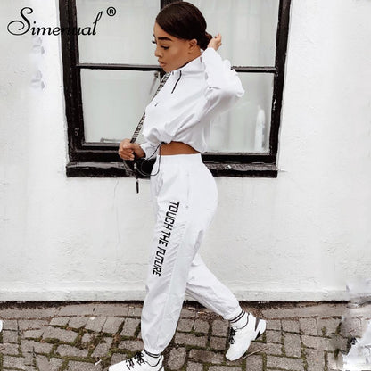 Simenual Letter Print Casual Workout Two Piece Set Women Fashion Zipper Long Sleeve Outfits Sporty Active Wear Top And Pants Set
