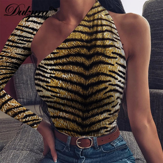 Dulzura tiger animal print bodysuit one shoulder backless bodycon sexy streetwear 2019 autumn winter body romper party clothes